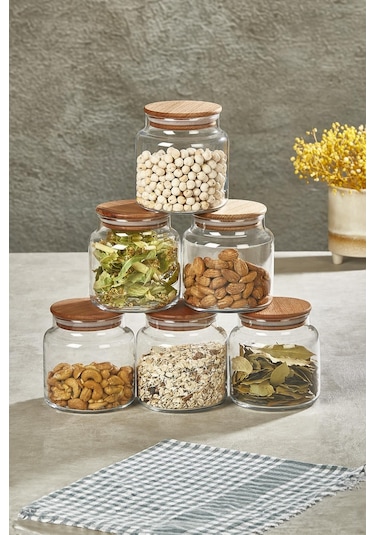 Selka Home 6'lı 635 Ml Sade Ahşap Kapaklı Cam Kavanoz