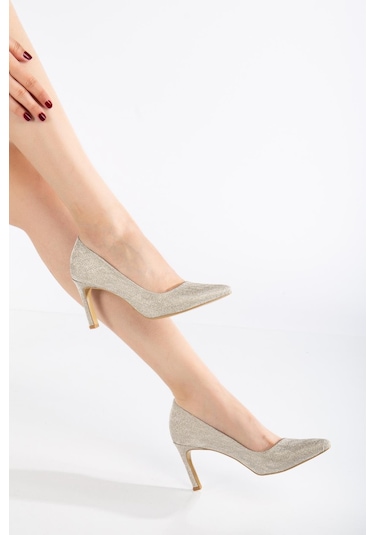 Kadın İnce Topuklu Stiletto Gold Parlak Malzeme Aynalı Jurdan-3774 Gold Parlak