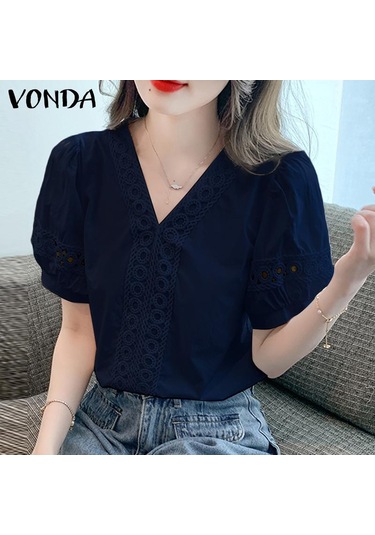 Vonda Kadın Yazlık Rahat V Yaka Puf Kısa Kollu Dantel Eklemeli Düz Renk Bol Bluz Turuncu