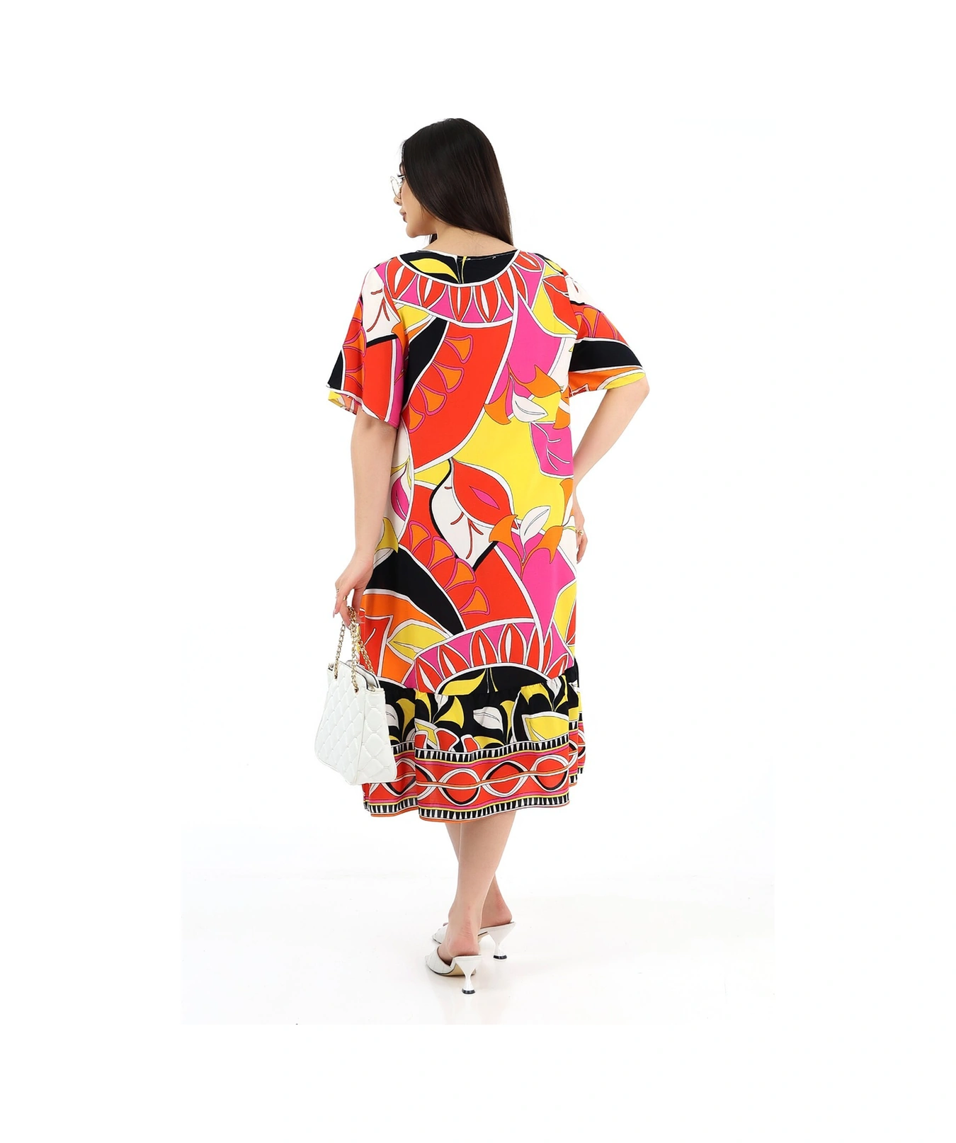 Schık Kadın Viskon Yarım Kol O Yaka Cepli Fırfırlı Elbise Orange Orange