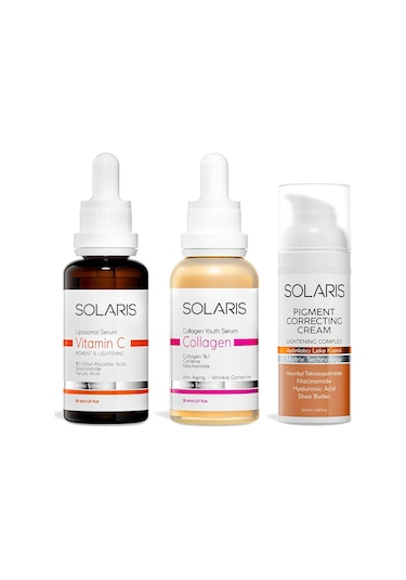 Solaris Vitamin C Serum 30 ML + Kolajen Serum 30 ML + Aydınlatıcı Leke Kremi