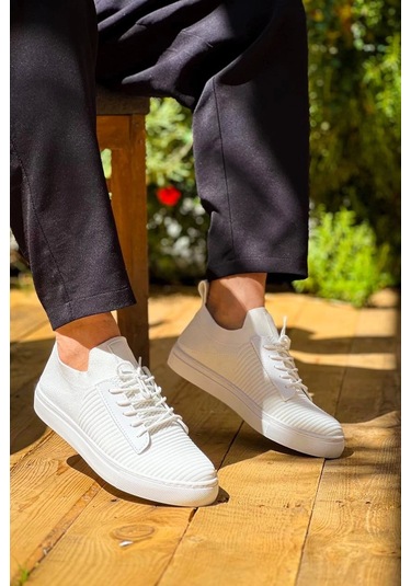 Beyaz Triko Yüksek Taban Bağcıklı Günlük Erkek Ayakkabısı Beyaz