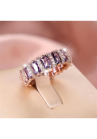 1 Adet Lüks Gül Altın Rengi Mor Zirkon Pençe Yüzükler Nişan Yüzükleri Düğün Band Sevgililer Günü Hediyesi 9 Rose Gold