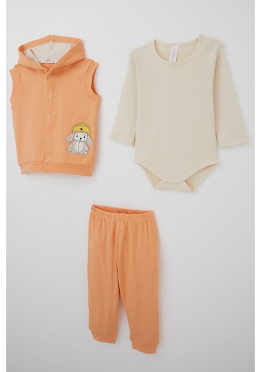 Breeze Kız Bebek Zıbınlı 3 Lü Takım Sevimli Şapkalı Köpekçik Nakışlı 4 Ay-1 Yaş, Somon Somon