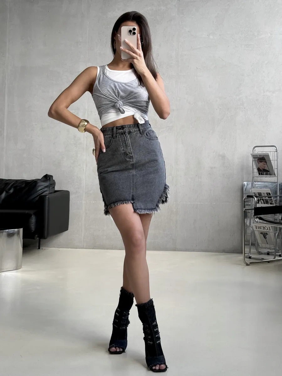 Diz Boyu Denim Etek 372949786 Siyah