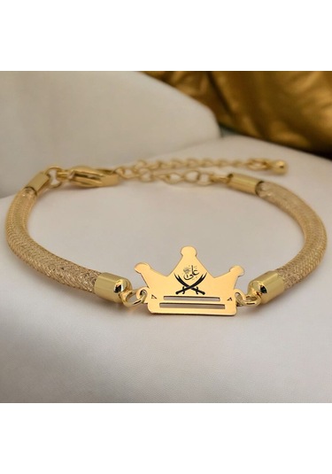 Archin Hz Ali Temalı Hasır Kordonlu Taç Figürlü 14 Ayar Altın Plakalı Hediye Bileklik-464sembol Hz Ali