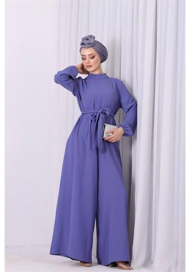 Kadın Lila Mavisi Kuşaklı Gül Detaylı Salaş Tulum Dpnms003 Lila