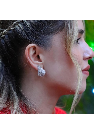 Zirkon Taşlı Bottega Damla Gümüş Küpe Gümüş