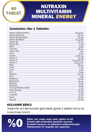 Nutraxin Multivitamin Mineral Energy Complex 60 Tbl - Magnezyum, Taurin, Kolin, Panax Ginseng, Q10