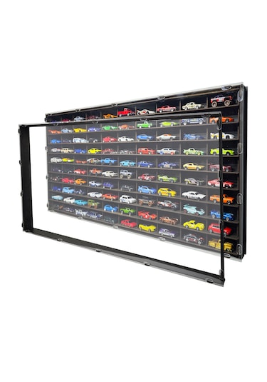 Şeffaf Kapaklı Eskitme Siyah Yatay 100 Araçlık Hobi Araba Rafı Eskitme Siyah