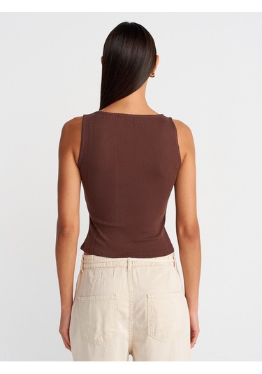 Dilvin 21069 Düğmeli Kare Yaka Top-açık Kahve Açık Kahve