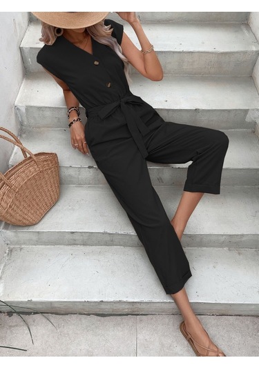 Barbora Keten Kadın V Yaka Tek Sıra Düğmeli Kolsuz Tulum Ln28siyah2 001