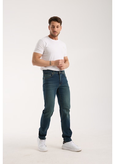 Erkek Pantolon Regular Fit Yeşil Tint Fermuarlı Rahat Giyim Jeans Yeşil Tint