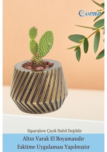 Saksı Çiçek Kaktüs Saksısı Lüx 13 Cm Mekanik Dişli Desen Saksı Çiçeklik - Altın Eskitme
