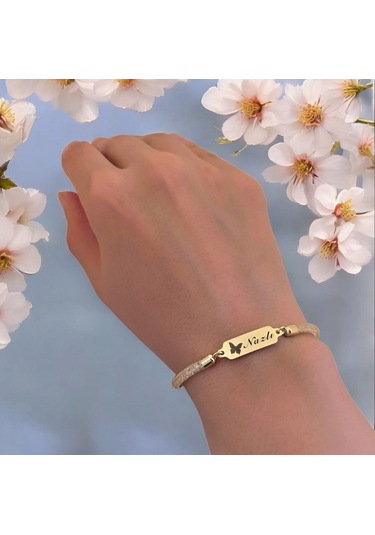 Archin Nazlı İsmine Özel 14 Ayar Altın Plakalı Hasır Kordonlu Kelebek Motifli Hediye Bileklik-647isim Nazlı