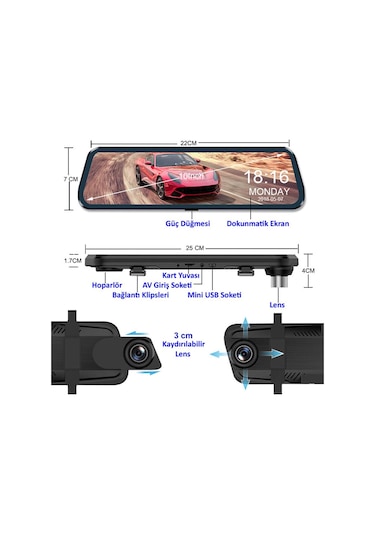 Novatek 10 Inç 2.5D Kıvrımlı Dokunmatik Ekran Aynalı Araç Kamera