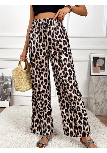 Soonaksesuar Kadın Yüksek Bel Beli Lastikli Bağcıklı Leopar Desenli Süprem Pantolon Çok Renkli