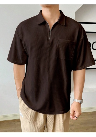 Erkek Oversize Polo Yaka Waffle T-shirt Poloyaka-fermuarlı Kahverengi