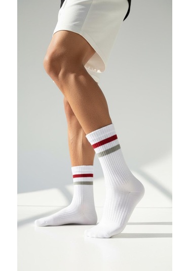 Erkek Spor Çorap 2 Li Set Pamuklu, Nefes Alan, Esnek Çizgili Model Gri Beyaz