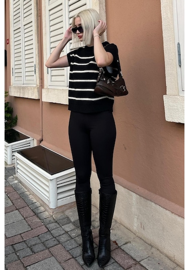 Madmext Siyah Çizgili Triko Süveter Mg2159