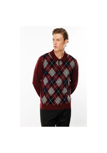 Desen Triko Erkek Polo Yaka Önü Baklava Desenli Yün Kazak 24513 Bordo Bordo
