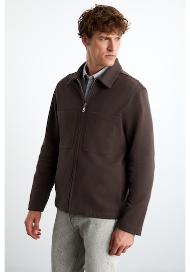 Calpe Erkek Skuba Interlok Kumaşlı Organik Pamuklu Fermuarlı Cepli Şık Gömlek Tipi Kahverengi Ceket