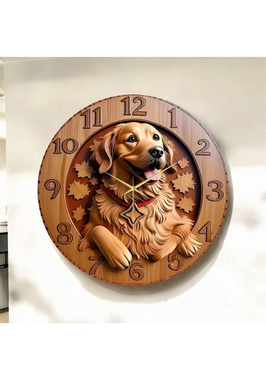 Ahşap Renkli Baskı Golden Köpek Desenli Kabartma Görünümlü Hediyelik Ahşap Sessiz Duvar Saati 50cm ÇOk Renkli