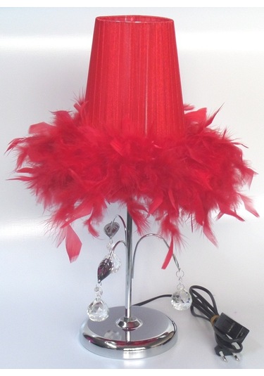 Kırmızı Tüylü Taşlı Abajur Yatak Odası Abajuru Kırmızı
