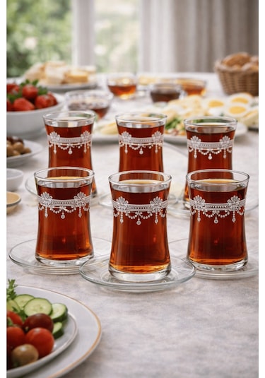 Coronam Model Desenli Şeffaf Cam Çay Seti 12 Parça Çay Takımı Şeffaf