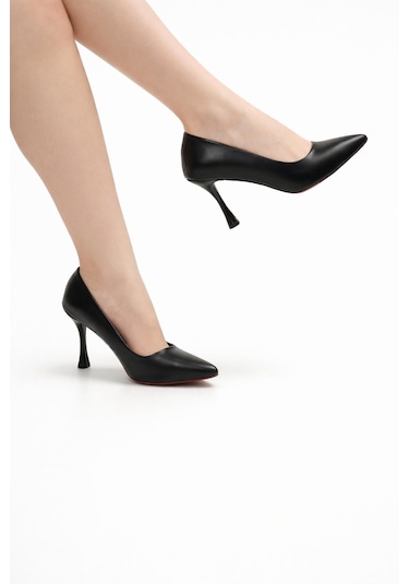 Tual Shoes Kadın Siyah Suni Deri Stiletto Kırmızı - Siyah
