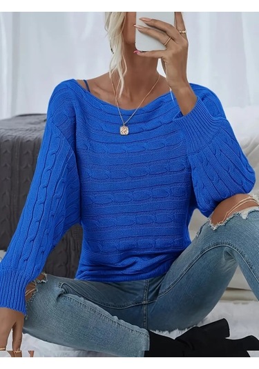 Soonaksesuar Kadın Uzun Kollu Yakası Açık Saç Örgü Desenli Triko Bluz Saks Mavi