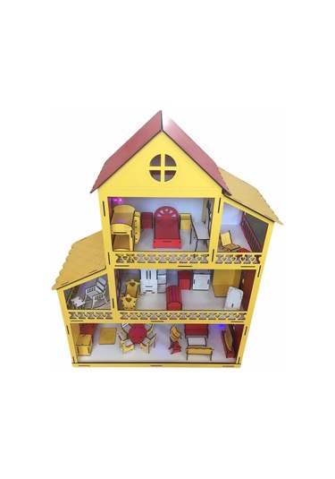 Ahşap Oyun Evi 80Cm 21 Eşya Sarı-Kırmızı Led Işıklı