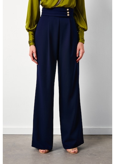 Sateen Bel Detaylı Pantolon - Lacivert-134350 Lacivert