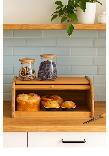 Bambu Rulo Kapaklı Ekmek Kutusu Doğal, Şık Ve Dayanıklı Ekmek Saklama Dolabı 40x27x18 Cm Bambu
