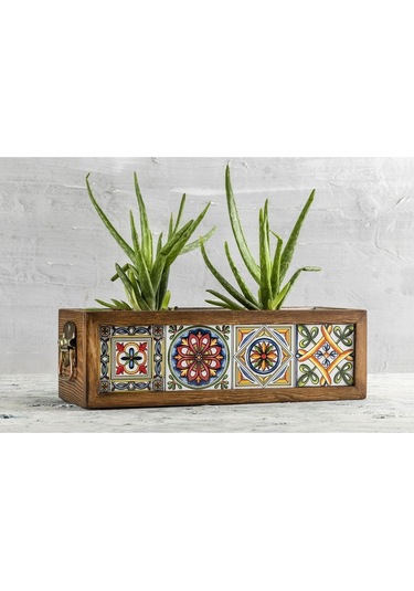 Halohope El Yapımı 4 Meksika Çinili Dekoratif Modern Ahşap Dikdörtgen Bahçe Balkon Saksı Saksılık Çiçeklik