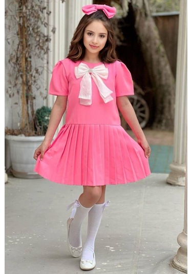 Riccotarz Kız Çocuk Göğsü Fiyonk Detaylı Eteği Pliseli Pembe Elbise 001