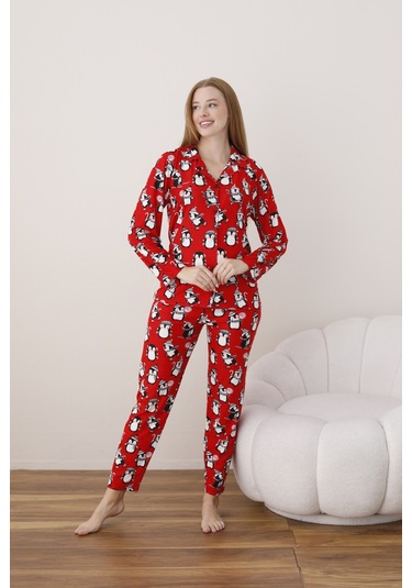 Kadın Önden Düğmeli Gömlek Yaka Suet Kumaş Pijama Takımı Kırmızı