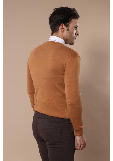 Wessi V Yaka Erkek Triko - Kahverengi