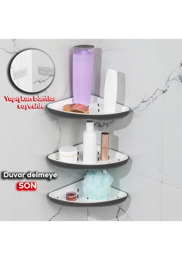 Porsima 0447 3'lü İstiridye Banyo Köşe Rafı Yapışkanlı Raf Antras Antrasit