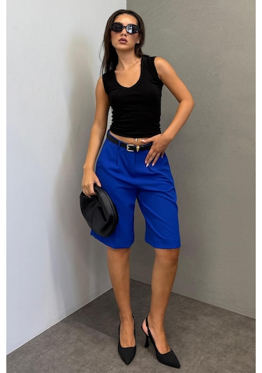 Madmext Saks Pileli Kadın Bermuda Şort Mg2483 Saks