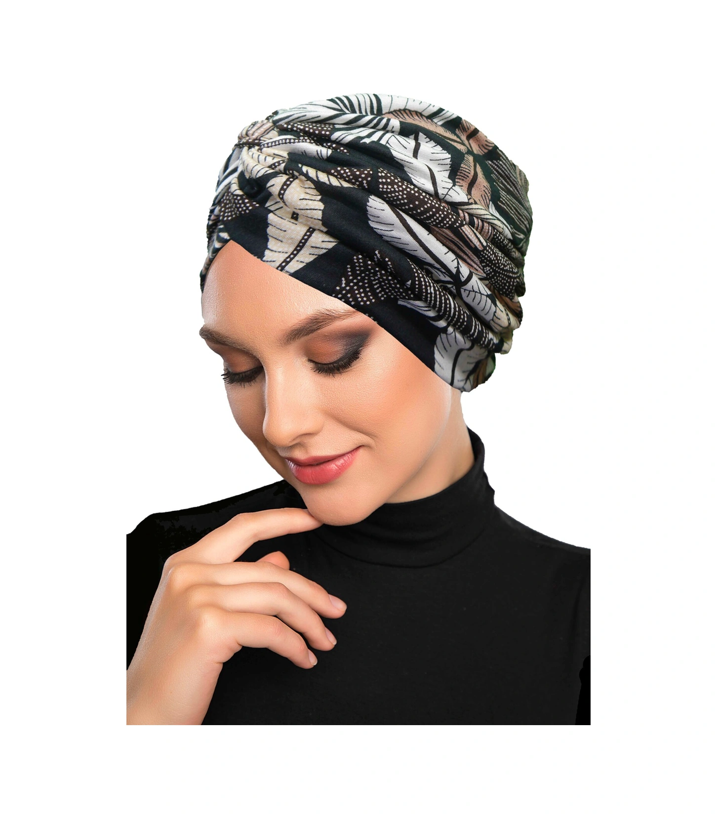 Sonbahar Esintisi Desenli Çapraz Ve Bant Detaylı Astarlı Hazır Türban Tesettür Havuz Bonesi Siyah-bej
