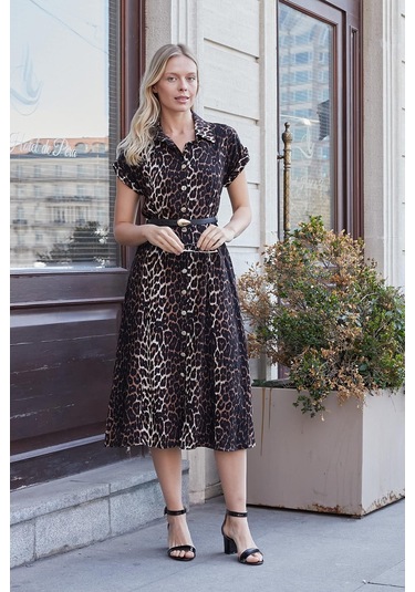 Kadın Desenli Yakalı Düşük Omuzlu Duble Kol Kemerli Midi Boy Elbise Deri Kemer Dahil -leopar Leopar