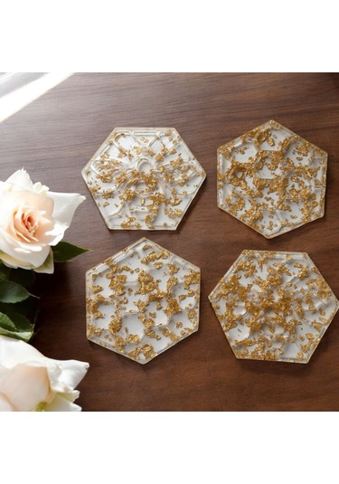 Epoksi Reçine Bardak Altlığı - 4'lü Takım - Altın Varaklı Altın