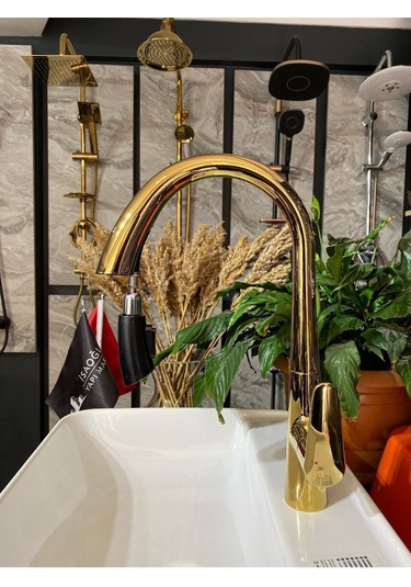 İsaoğlu Yapı Parlak Gold Gizli Spiralli Mutfak Bataryası Altın Spiralli Evye Bataryası Oynar Başlıklı Musluk Gold