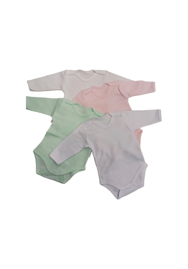 özdemirli bebe Uzun Kollu Çıtçıtlı Badi Bisiklet Yaka Body Hava Alır Kumaş Düz Renk Zıbın (4lü Paket) 0-48 Ay Arası