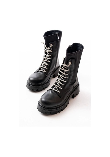 Siyah Düz Topuklu Bağcıklı Fermuarlı Günlük Kadın Bot Siyah