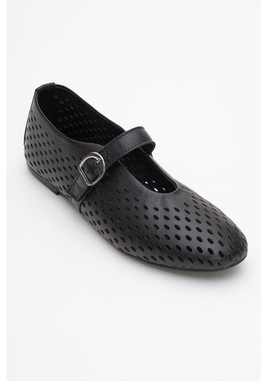 Arian Siyah Cilt Hakiki Deri Delikli Kadın Babet Ayakkabı Siyah Cilt