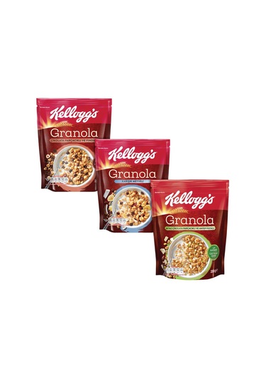 Kellogg's Çikolata Parçacıklı Fındık + Karışık Meyveli + Antep Fıstıklı Beyaz Çikolata Granola Seti 3'lü