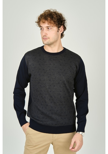 Ateş Triko Erkek Bisiklet Yaka Desenli Yün Kazak 3035 Lacivert Lacivert