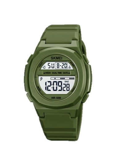 Skmeı 1821 Paslanmaz Çelik Tokalı Silikon Kayış Elektronik Saat Ordu Yeşili Kahverengi